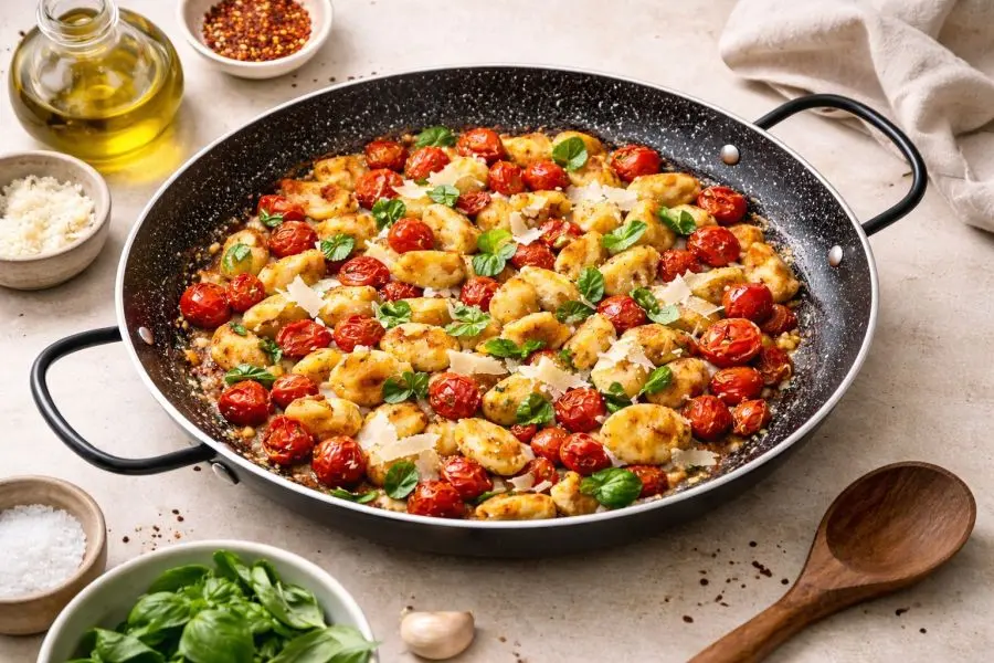 ניוקי זהוב עם עגבניות שרי מתפוצצות ושבבי פרמזן במחבת פאייה של סולתם צילום יחצ